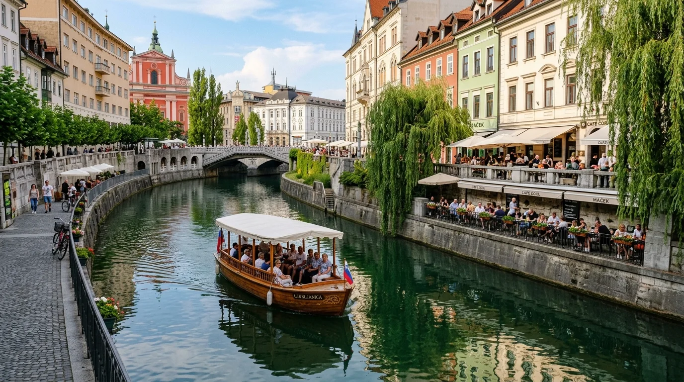 Outdoor cafe terraces filled with people along the Ljubljanica river in warm summer sunshine