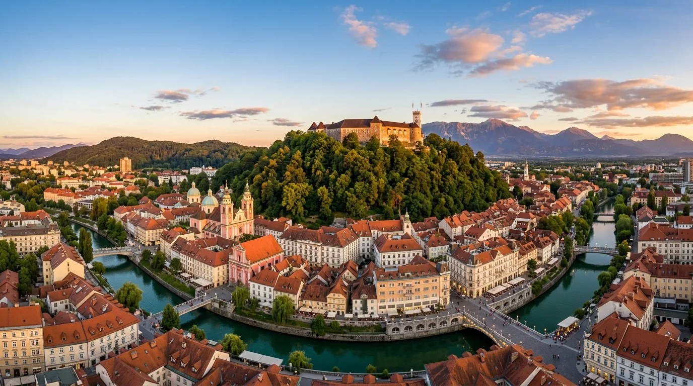 Ljubljana Castle perched on forested Castle Hill overlooking terracotta roofs of Old Town and Ljubljanica river
