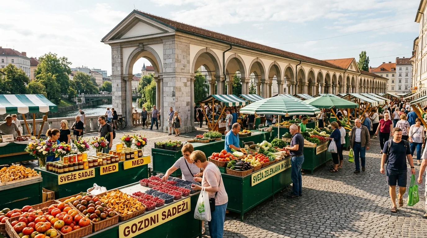 Plečnik's covered market colonnade stretching along the green Ljubljanica riverbank