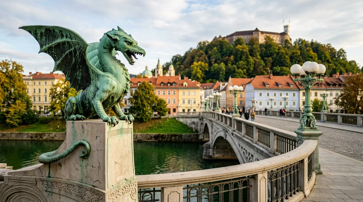 Iconic copper dragon statue perched on stone pedestal at Dragon Bridge in Ljubljana