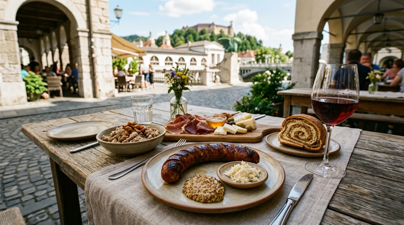 Outdoor dining tables along the Ljubljanica riverfront promenade at dusk