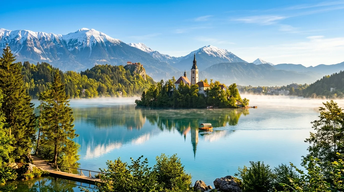 Alpine landscape of Lake Bled with the island church framed by mountain peaks