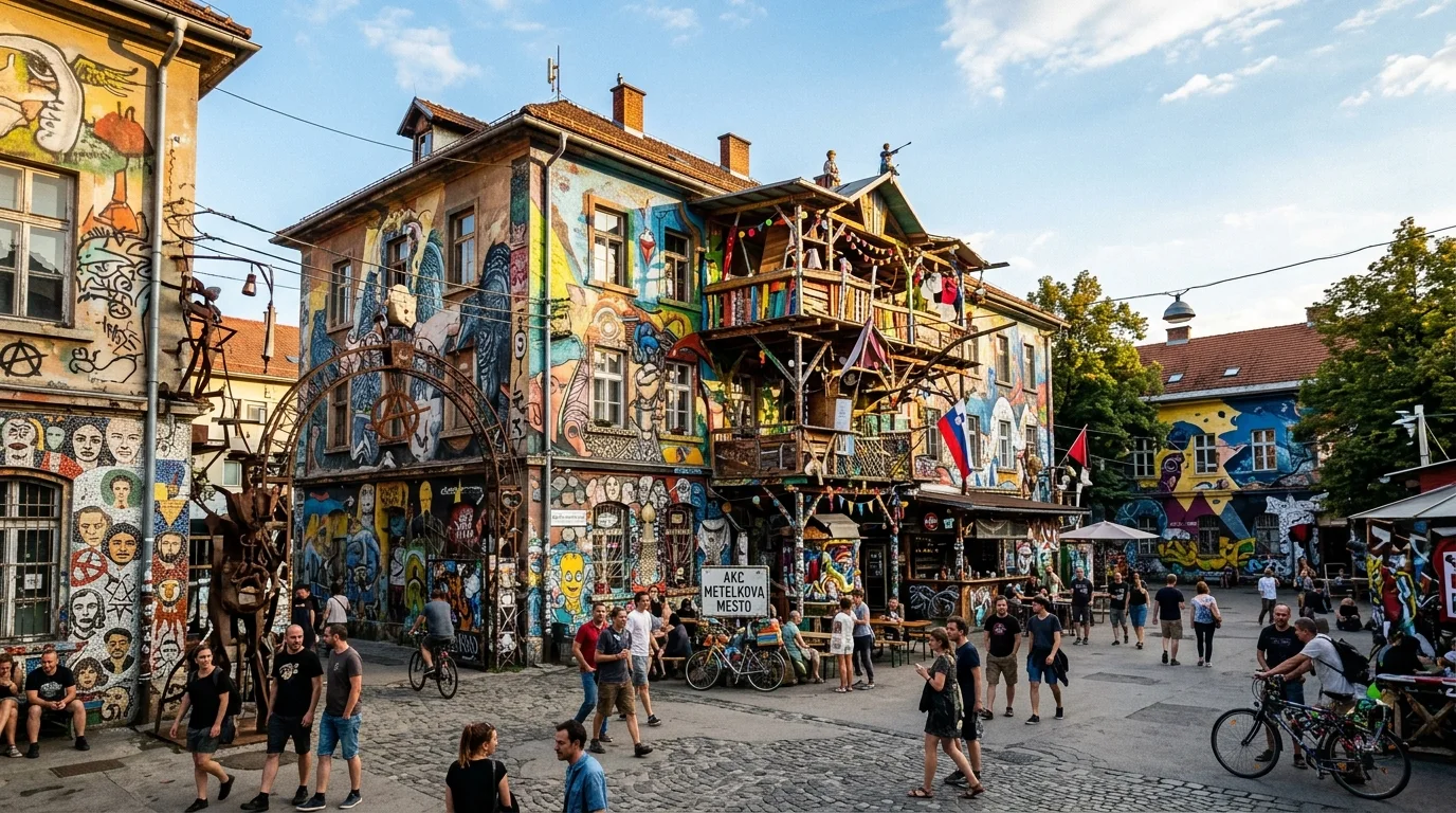 Colorful ceramic mosaics and whimsical metal sculptures decorating barracks facades at Metelkova Mesto