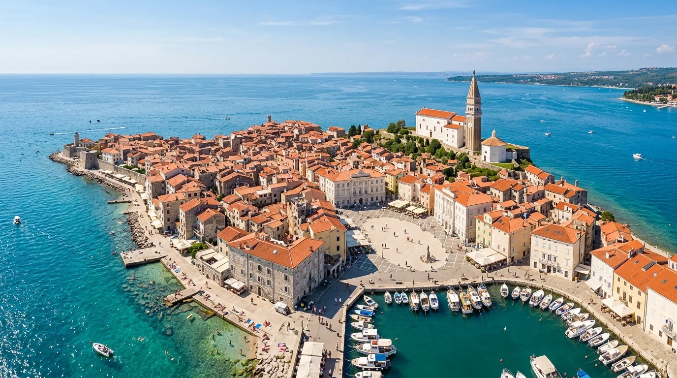 Panoramic view of Piran peninsula with terracotta roofs and Venetian bell tower jutting into the blue Adriatic Sea