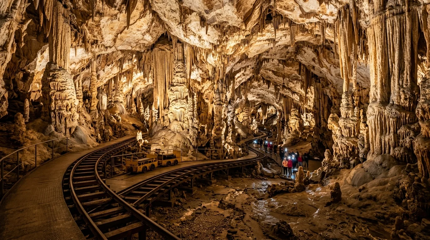 Underground open-air train tracks leading through illuminated stalactite galleries in Postojna Cave