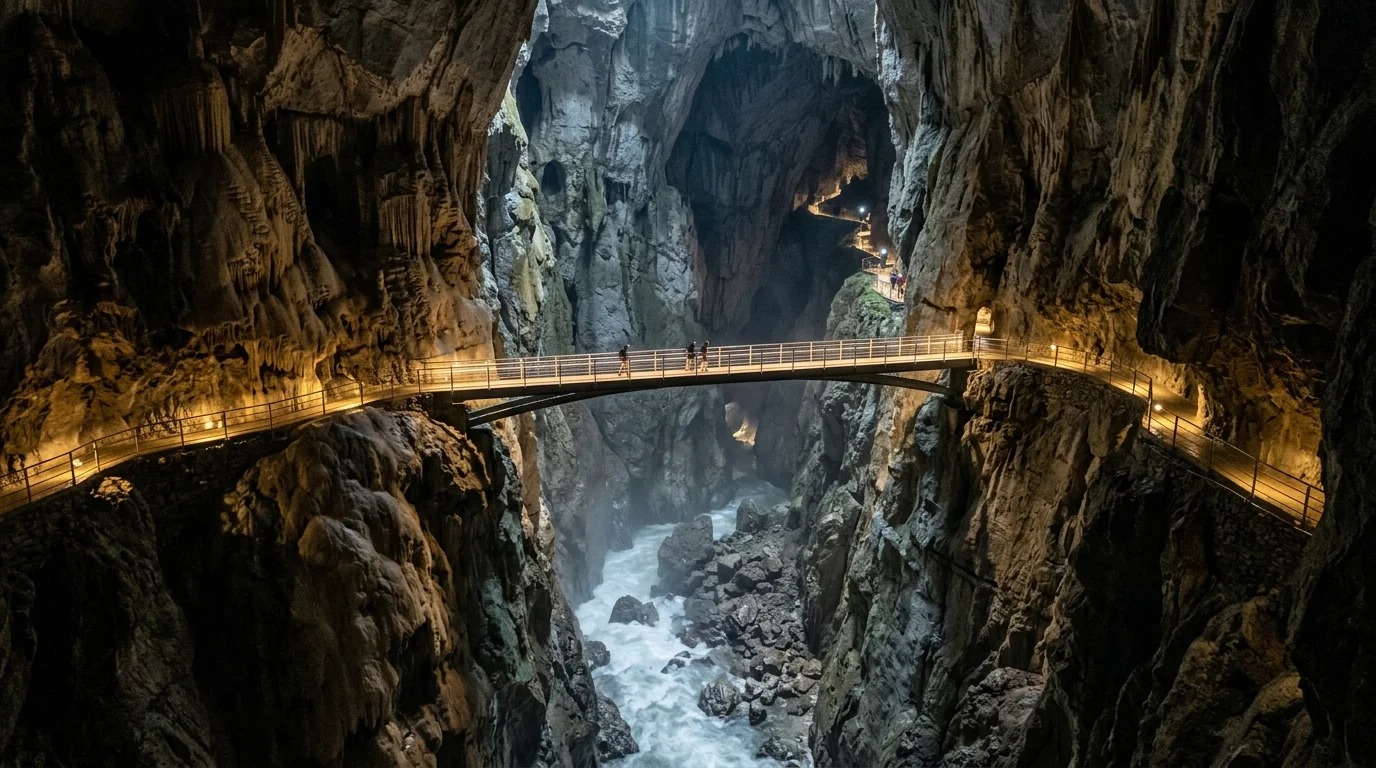 Illuminated walking path clinging to the vertical limestone wall of the colossal Škocjan Caves underground canyon
