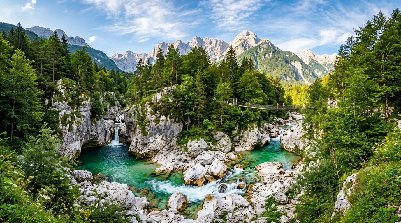 Turquoise emerald waters of the Soča River cascading over white limestone boulders framed by alpine pines