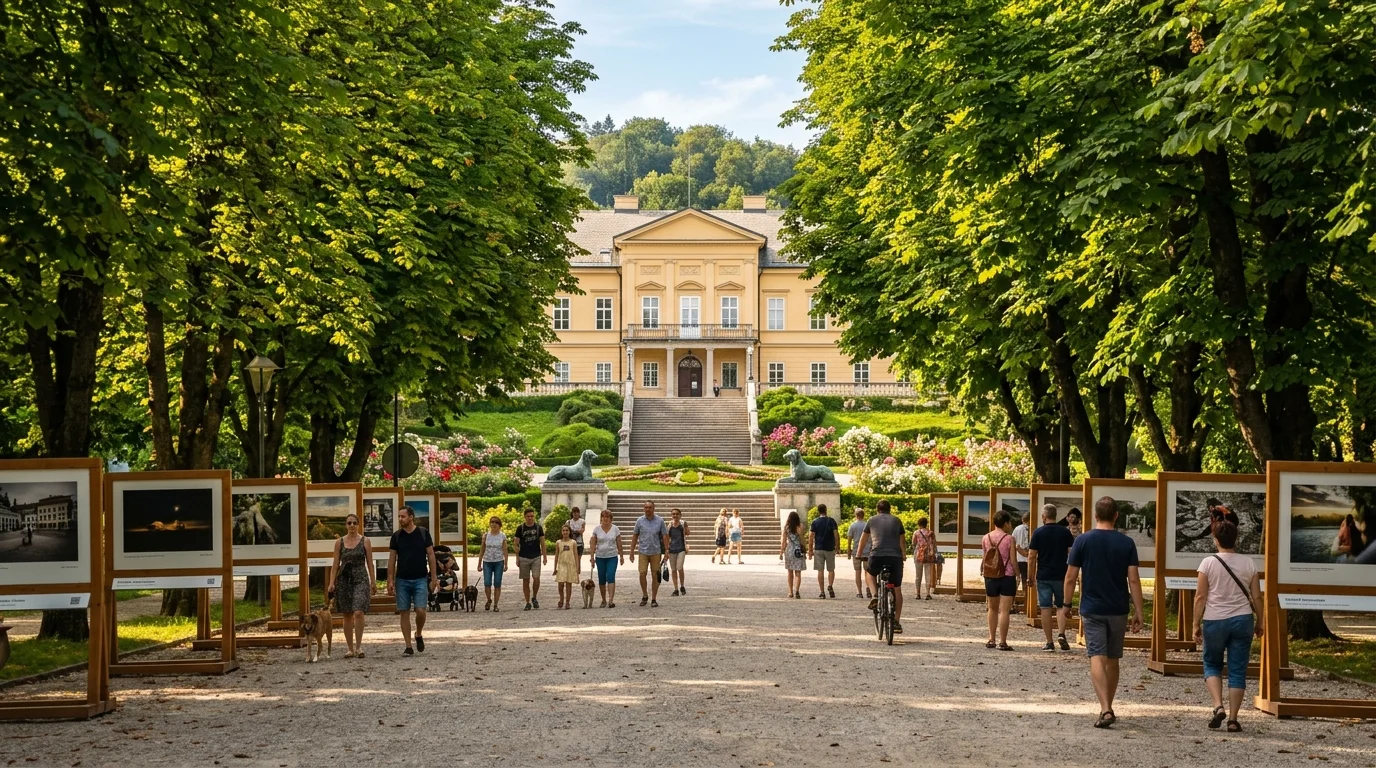 Broad gravel walkway of Jakopič Promenade lined with horse chestnut trees in Tivoli Park