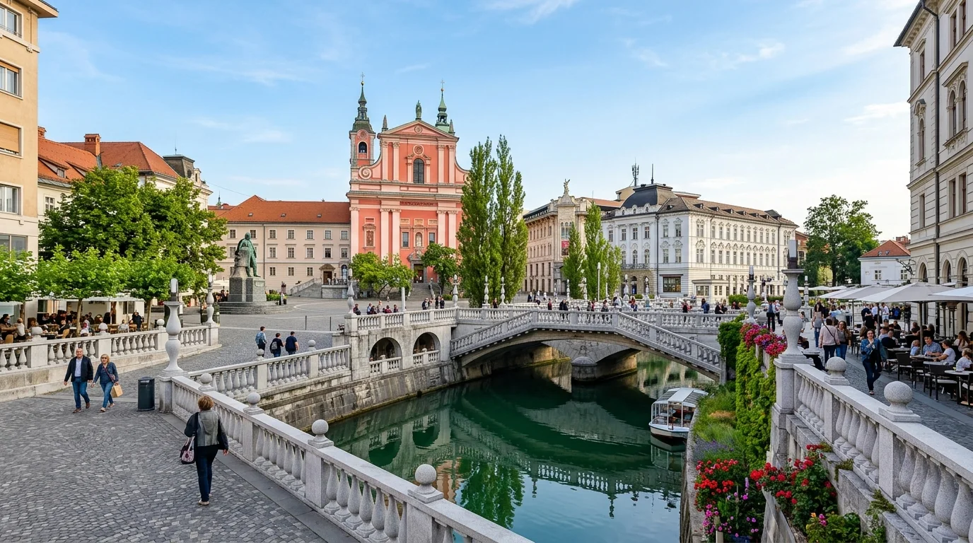Panoramic view of Ljubljana Castle perched above the Triple Bridge and Old Town